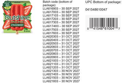 DREYER’S GRAND ICE CREAM, INC. ISSUES VOLUNTARY RECALL ON SELECT OUTSHINE FRUIT BARS DUE TO POSSIBLE FOREIGN MATTER CONTAMINATION